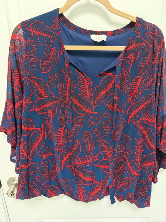 Ember Tops - Ember Women’s Blue & Red Leaf Print V-Neck Blouson Top, Size XL, Lined
